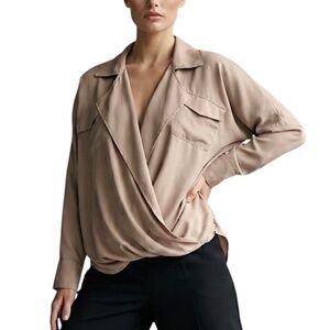 Simons TWIK muted blush brown flowy draped gathered hem long sleeve blouse M